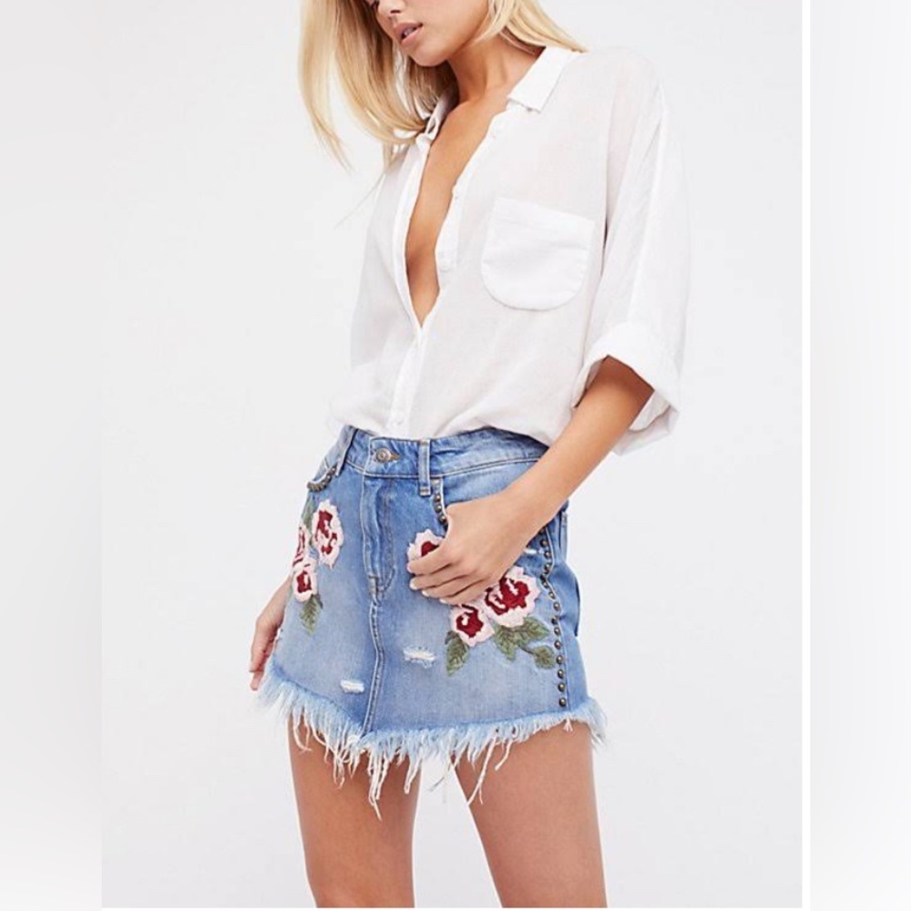 Free People Light Blue Denim Mini Skirt with Red Floral Embroidery